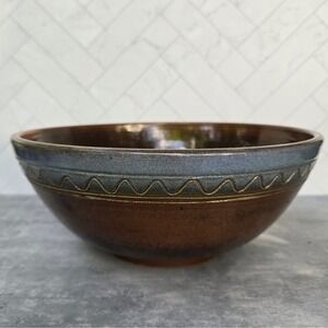 Artisan Studio Pottery Serving Bowl Brown Blue Glazed Signed 10 Inch Centerpiece
